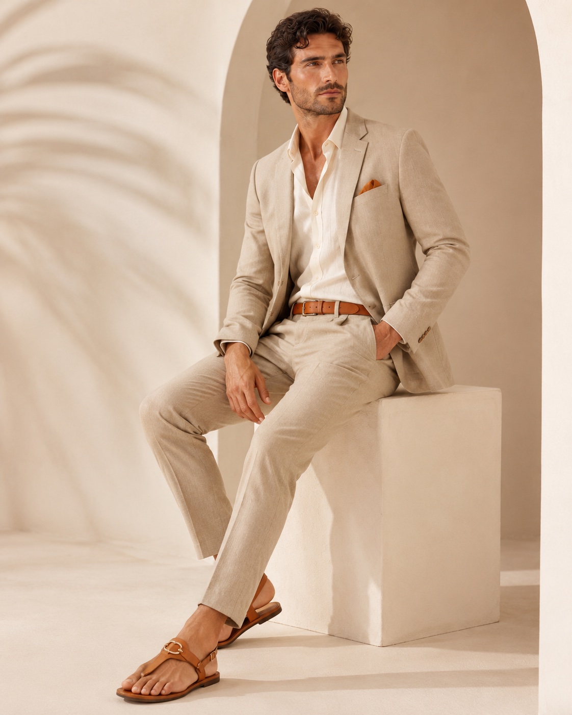 Man in beige linen tailoring with leather sandals