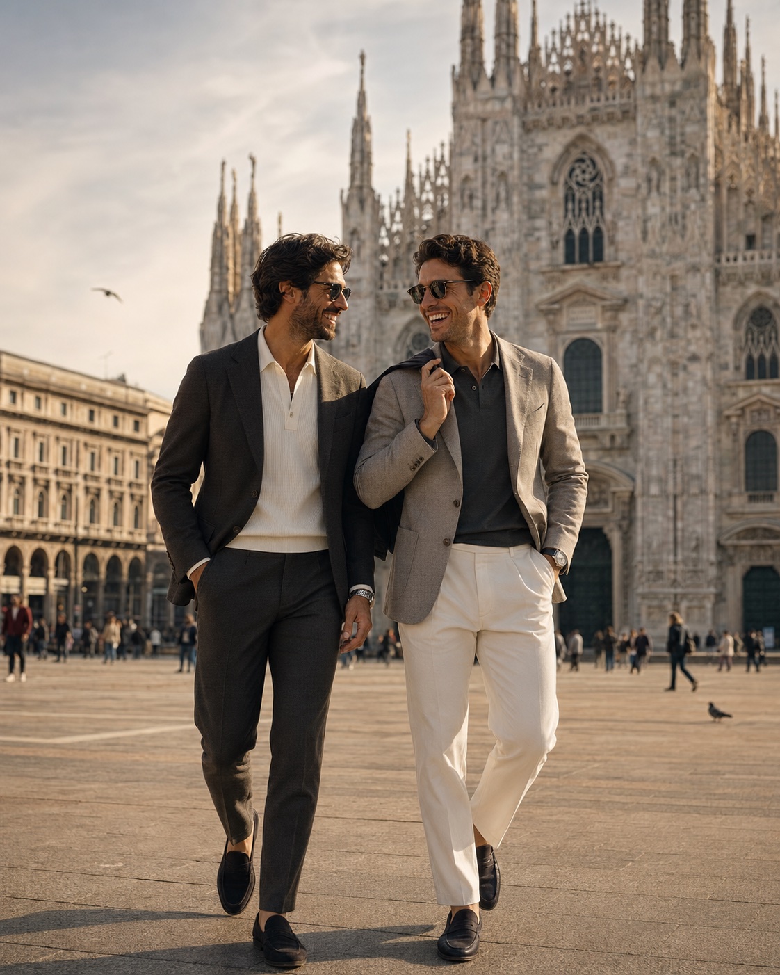 Two men in tailoring walking by the Milan Duomo