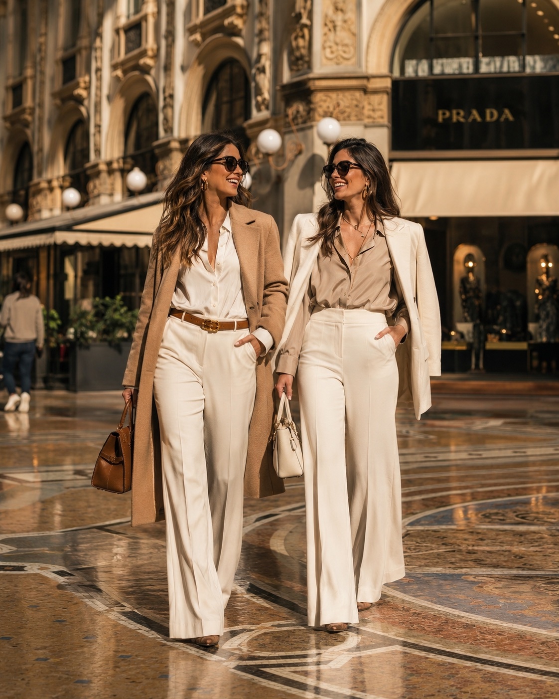 Two women in cream suits in the Milan Galleria